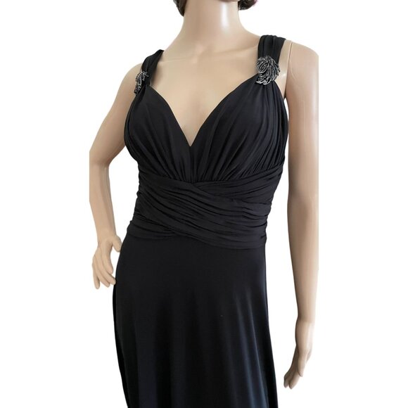 Elegant JS Boutique Black Evening Gown Size 8 w/Train and Jeweled Pins on Straps - Picture 4 of 10